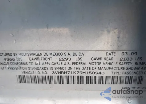2009 Volkswagen Jetta Se from USA, damaged, VIN 3VWRM71K79M150943
